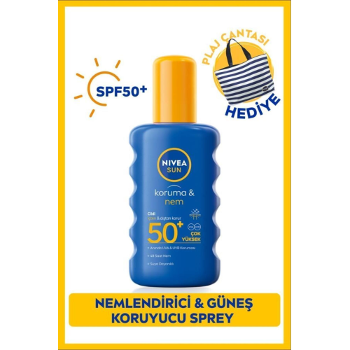 SUN SPF50 Koruma&Nem Güneş Koruyucu Sprey 200 ml,Suya Dayanıklı,Plaj Çantası Hediye SUN SPF50 Koruma&Nem Güneş Koruyucu Sprey 200 ml,Suya Dayanıklı,Plaj Çantası Hediye