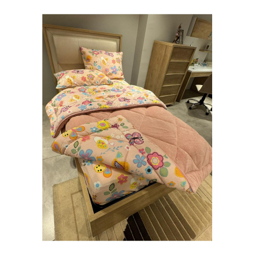 Tek Kişilik Welsoft Pufidik Uyku Seti (Lastikli Çarşaflı)  Pudra Flower