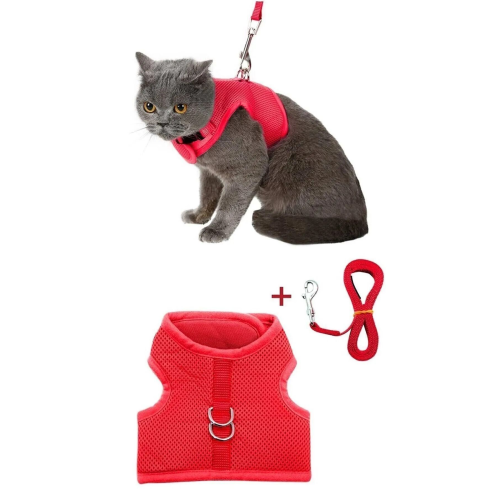 Yeni Nesil Nefes Alabilen File Tasma Kedi Göğüs Tasma 2'li Set Kırmızı