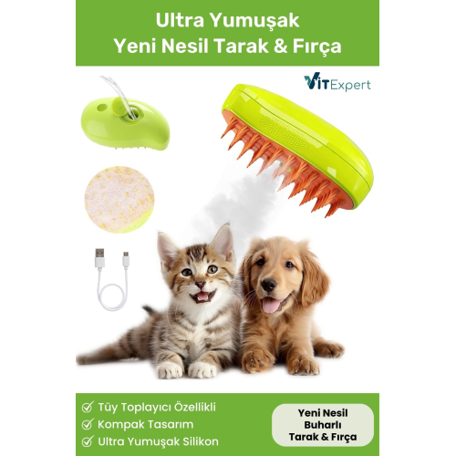 Yeni Nesil Şarjlı Buharlı Kedi & Köpek Tarağı Ultra Yumuşak Silikon Tüy Toplayıcı Yıkama Fırçası