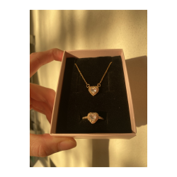 Çelik Gold Kalpli Taşlı Kolye Yüzük Takım Çelik Gold Kalpli Taşlı Kolye Yüzük Takım