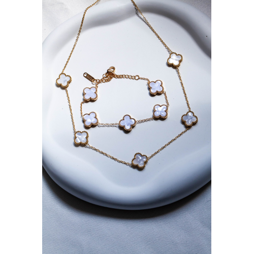 Matchless Van Cleef Model Sedef Beyaz Yonca Mineli Çelik Kolye&bileklik Set Matchless Van Cleef Model Sedef Beyaz Yonca Mineli Çelik Kolye&bileklik Set