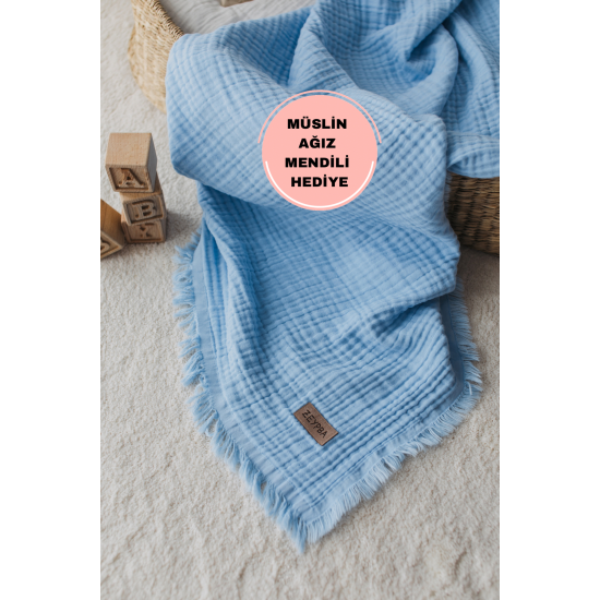 Bebe Mavi Müslin 4 Katlı Müslin Battaniye Pamuksu Yumuşaklık / Yeni Seri %100 Pamuk /110x110cm