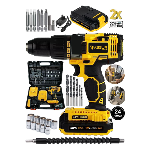 Assur Plus 58 Vf 5 Ah Metal Şanzıman Çift Akülü Şarjlı Darbeli Matkap 24 Parça Akülü Vidalama Assur Plus 58 Vf 5 Ah Metal Şanzıman Çift Akülü Şarjlı Darbeli Matkap 24 Parça Akülü Vidalama