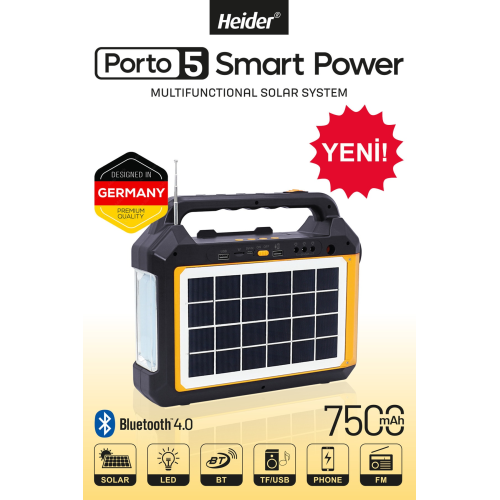Porto5 Güneş Enerjili Aydınlatma Ve Acil Durum Sistemi - Powerbank - Fm - Bluetooth Hop. - 7.5 Amper Porto5 Güneş Enerjili Aydınlatma Ve Acil Durum Sistemi - Powerbank - Fm - Bluetooth Hop. - 7.5 Amper