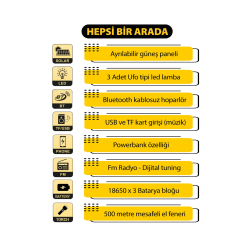 Porto5 Güneş Enerjili Aydınlatma Ve Acil Durum Sistemi - Powerbank - Fm - Bluetooth Hop. - 7.5 Amper Porto5 Güneş Enerjili Aydınlatma Ve Acil Durum Sistemi - Powerbank - Fm - Bluetooth Hop. - 7.5 Amper